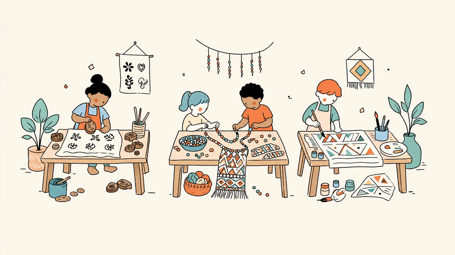 Kinder gestalten afrikanische Kunst an mehreren Bastelstationen.