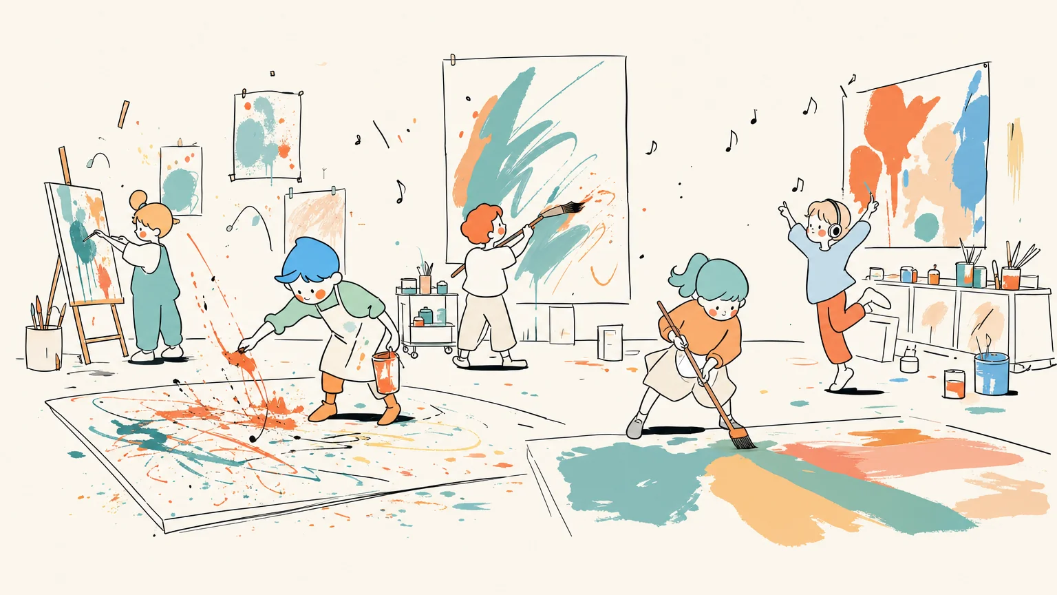 Kinder erstellen abstrakt-expressionistische Action-Paintings mit Tropf-, Spritz- und Gestualtechniken