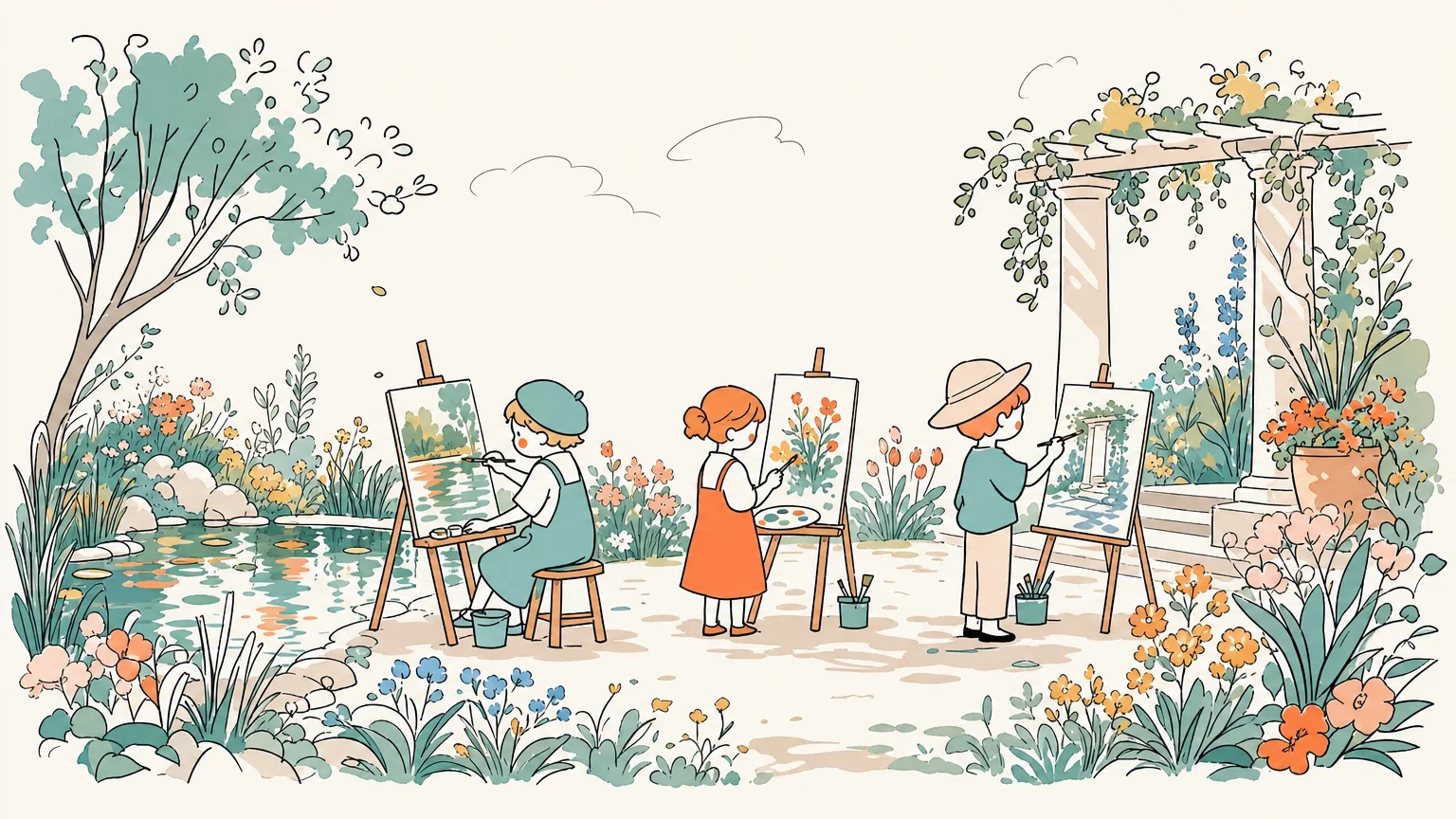 Kinder malen draußen mit impressionistischen Techniken und Aquarellfarben in einem Garten