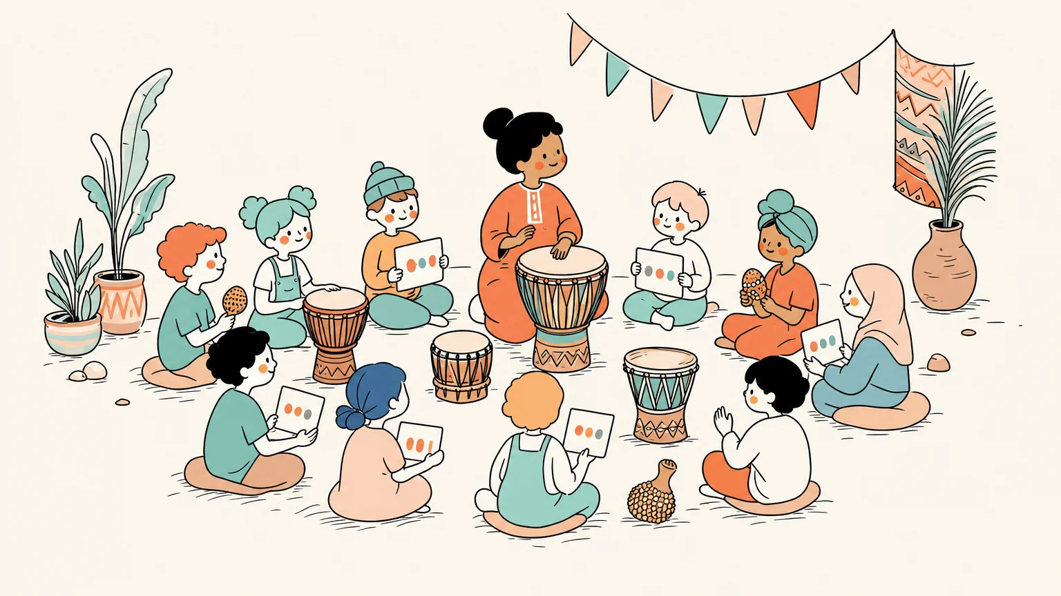Children learning drumming in a West African circle.