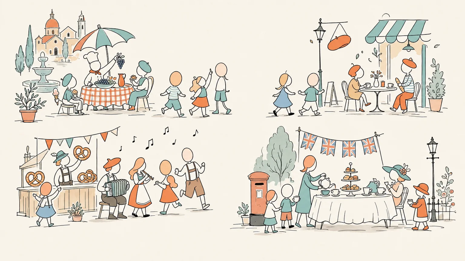 Children exploring distinct European country-themed party stations
