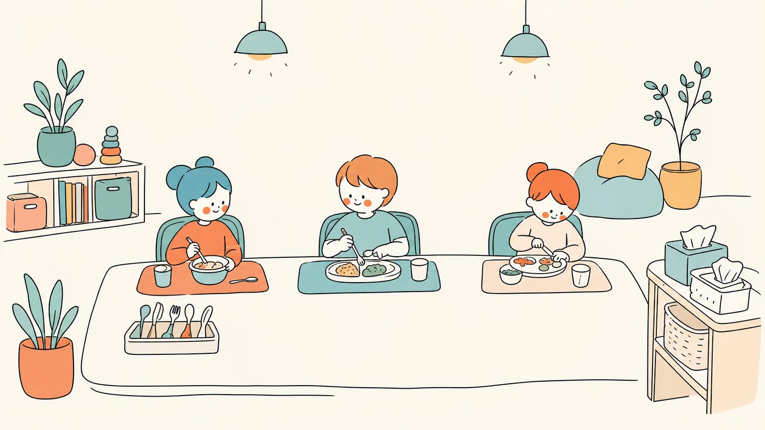 Children seated comfortably with personal space in peaceful sensory-friendly eating environment