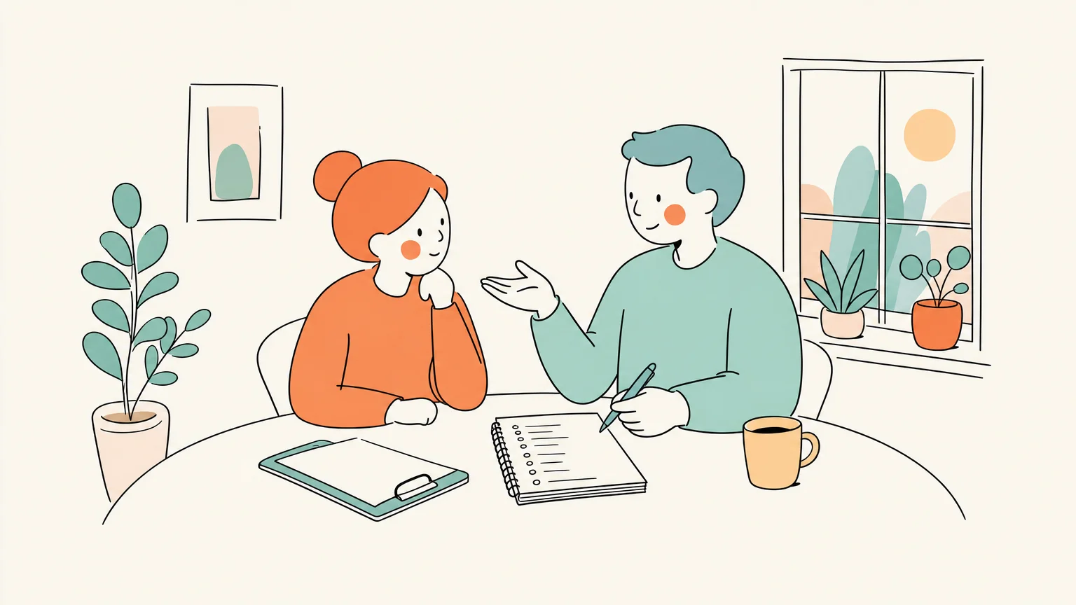Two parents calmly discussing party planning together at a table