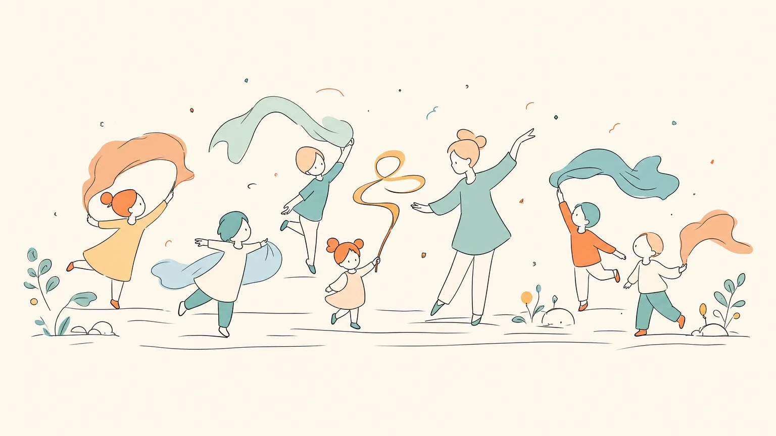 Children dancing with colorful scarves in a calm, unhurried movement activity