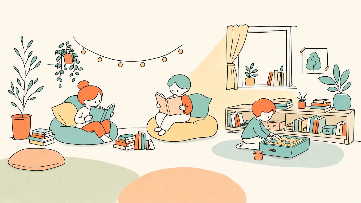 Children enjoying a quiet reading corner with books and sensory exploration activities