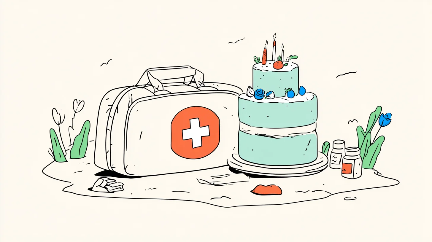 Botiquín de primeros auxilios junto a una tarta de cumpleaños