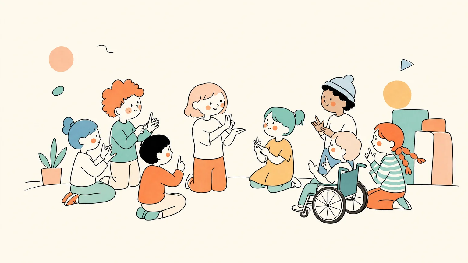 Niños practicando lengua de señas juntos con gestos de apoyo