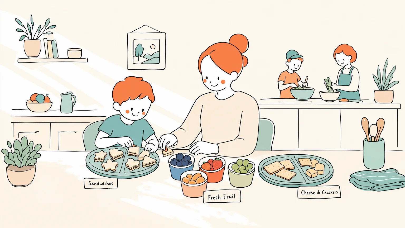 Padre e hijo organizando alimentos separados sensorialmente amigables en platos compartimentados