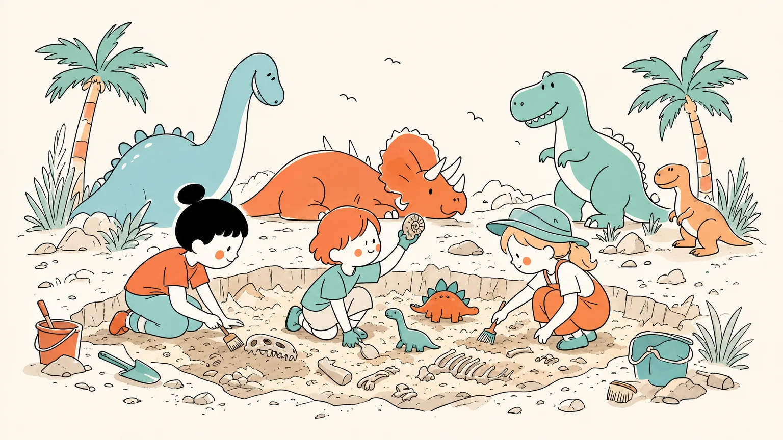 Niños descubriendo fósiles en una excavación paleontológica con dinosaurios amigables