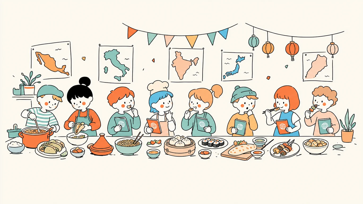 Niños explorando alimentos internacionales y completando actividades de degustación con pasaporte.
