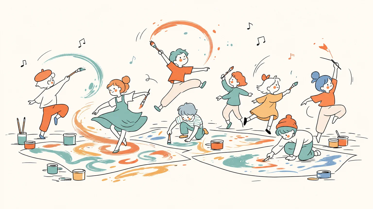 Niños bailando con pinceles y creando marcas expresivas a través del movimiento