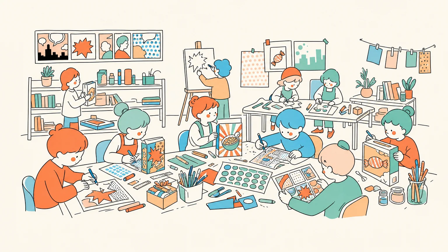 Niños creando diseños gráficos Pop Art y envases de productos