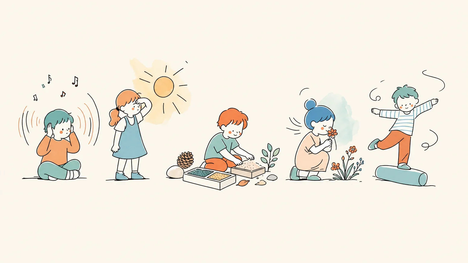 Niños experimentando diferentes sensibilidades sensoriales ilustradas con colores suaves.